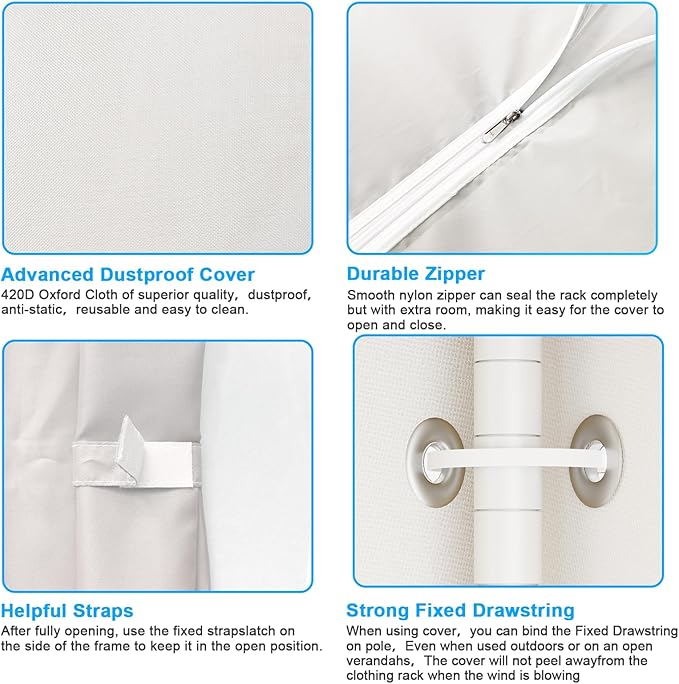 Ulif E13C Heavy Duty Closet Organizer System，Freestanding Clothing Racks for Hanging Clothes，Adjustable Garment Rack 63" W x 16" D x 77" H Hold 960 lbs，White Clothing Rack with White Dustproof Cover