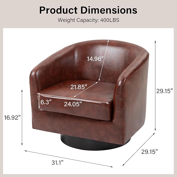 Swivel Barrel Chair, Modern Round PU Leather Accent Armchair for Living Room, Bedroom, Oversized Comfy Club Reading Chairs for Adults (Leather Red Brown, Set of 2)