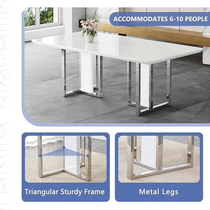 JUFU Dining Room Table Set for 8, Dinner Set for 8 with 79'' Faux Marble Tabletop and Sturdy T-Shape Leg, White Rectangle Dining Room Sets for 8 with PU Chairs, Perfect for Dining Room and Kitchen