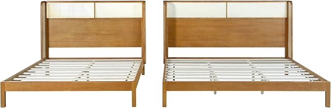 Merax King Size Premium Rubber Wood Platform Bed Frame, with Headboard, Mid Century Modern, Natural