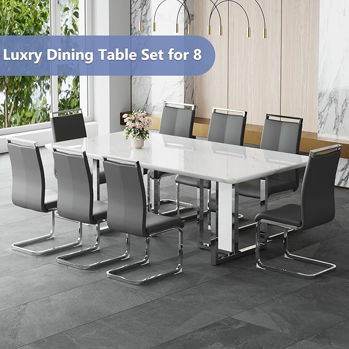 JUFU Dining Table Set for 8, Big Kitchen & Dining Room Sets with 79'' Faux Marble Tabletop and Sturdy Leg, White Rectangle Dinner Set for 8 with PU Chairs, Ideal for Dining Room and Kitchen