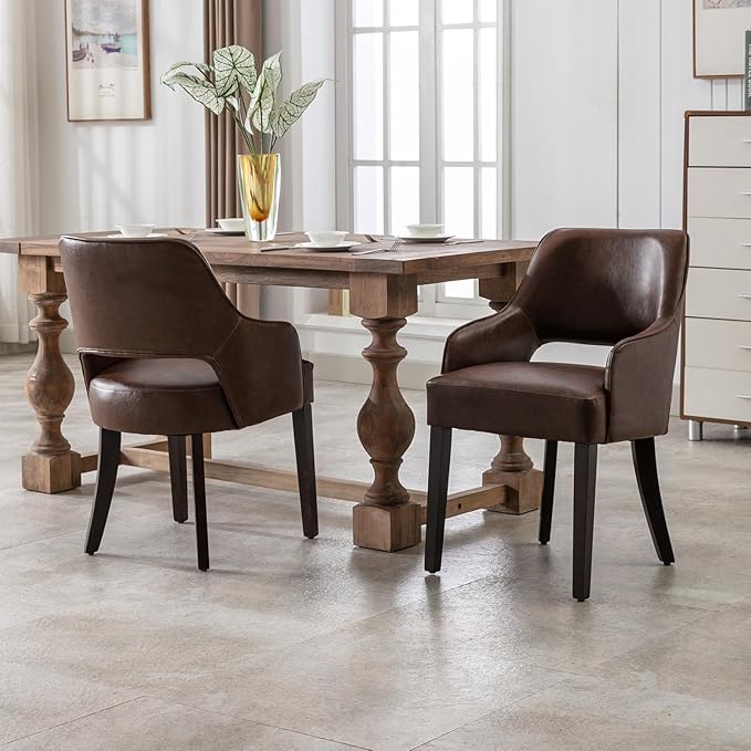 Modern Dining Chairs Set of 4 Upholstered Faux Leather Accent Side Chair with Mid Open Back & Wood Legs, Arm Chair for Home Kitchen and Restaurant, PU Brown