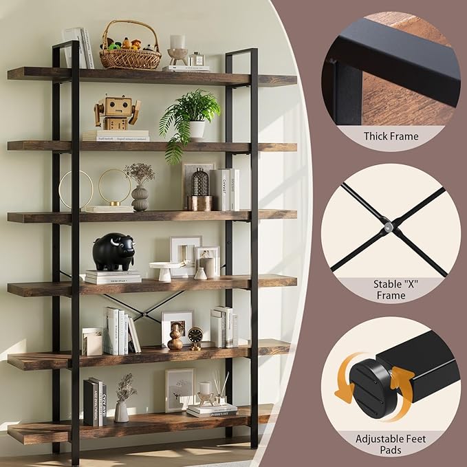 6-Tier Industrial Bookcase, 47 Inch Wide Wood Bookshelf, 120lbs Shelf Capacity, Rustic Open Shelving Heavy Duty Display with Reinforced Horizontal Brown Shelves for Living Room Bedroom Office -2Pcs