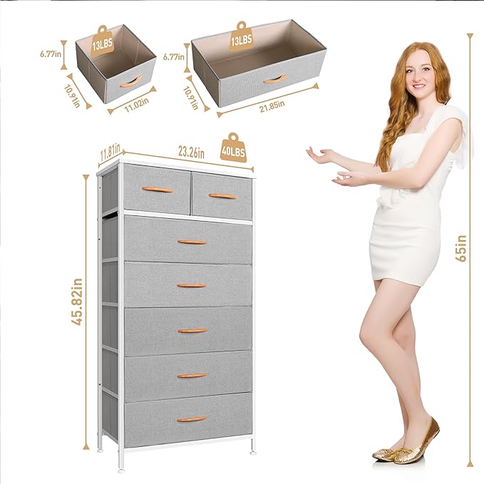 Tall Dresser for Bedroom, Vertical Storage Organizer Tower with 7 Drawers, Chest of Drawers with Fabric Bins, Steel Frame, Wood Top for Bedroom, Closet, Entryway- Light Grey
