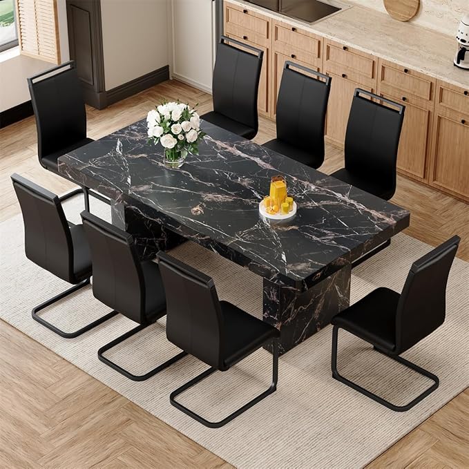 Faux Marble Black Dining Table Set for 8 (79 Inches Oversized Dining Room Table Set) (3.5'' Thick TOP)('H' Sturdy Base) Kitchen Table and PU Ergonomic Dining Chair 8 for Dining Room Living Room