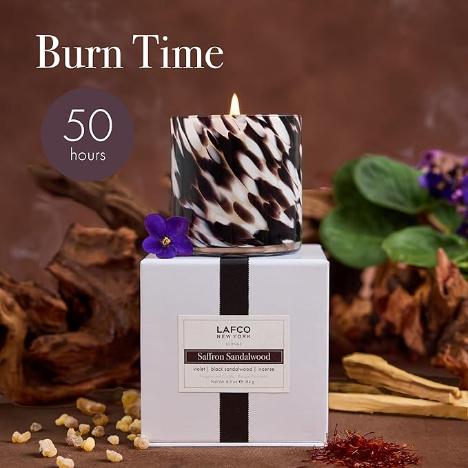 LAFCO New York Classic Fall Candle, Saffron Sandalwood - 6.5 oz - 50-Hour Burn Time - Reusable, Hand Blown Glass Vessel - Made in The USA