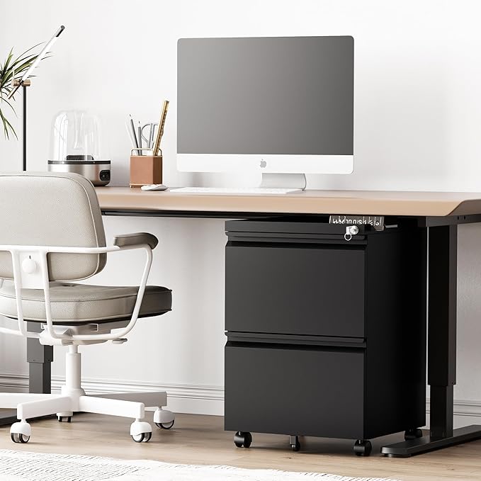 2 Drawer File Cabinet，Mobile Filing Cabinet with Lock and Wheels，Un-Assembled Metal Under Desk File Cabinets for A4/Letter/Legal Size（Black