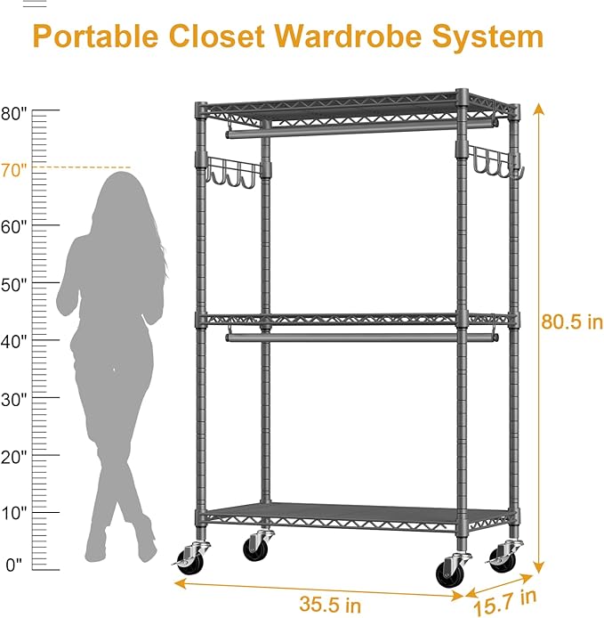 P1 Rolling Clothing Rack with Lockable Wheels, Heavy-Duty Garment Rack for Hanging Clothes, Portable Closet Wardrobe with Shelves, 35.5" W x 15.7" D x 80.5" H, Hold 500lbs, Grey