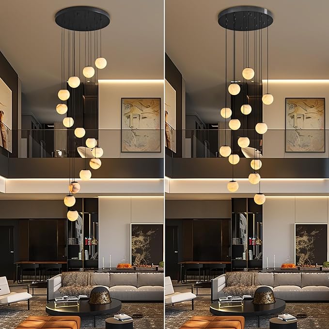 Black Alabaster Chandelier,14-Lights Staircase Chandelier for Entryway, Modern Marble Hanging Light Fixture, Hight Ceiling, Foyer, Living Room, Staircase, Entry