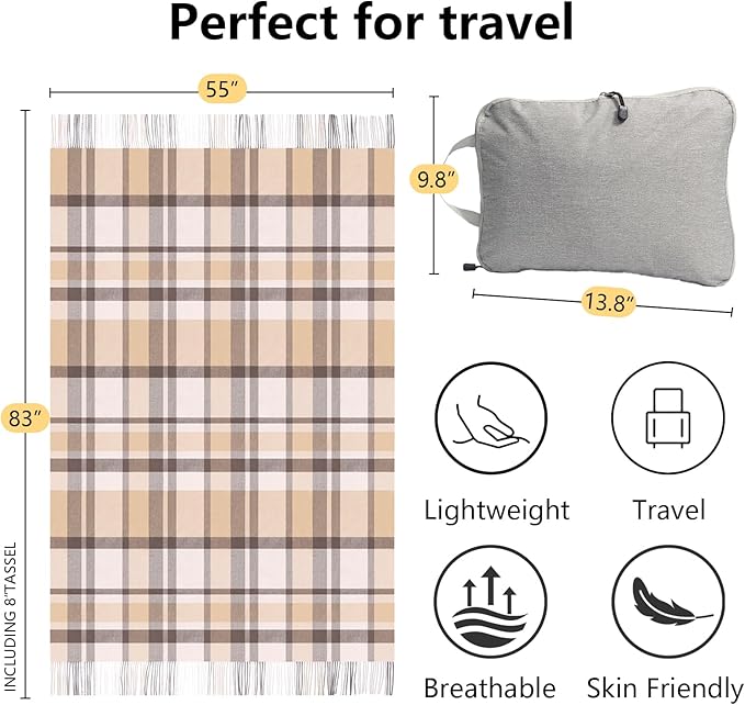 Beige Plaid Throw Blanket for Couch,100% Wool Throw Blanket for Home Decor, Soft Lightweight Cozy All Season Decorative Vintage Blankets for Travel,Bed, Sofa, Chair, Outdoor 55"x83"/1.5LBS