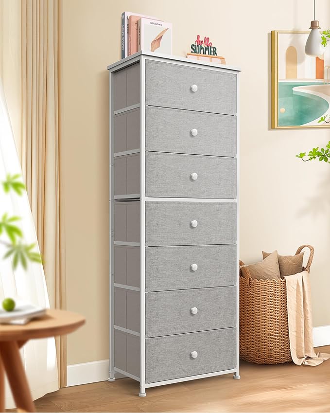 Tall Fabric Dresser for Bedroom, Vertical Storage Organizer Tower with 7 Drawers, Chest of Drawers with Bins, Steel Frame, Wood Top for Bedroom, Closet, Entryway Light Grey
