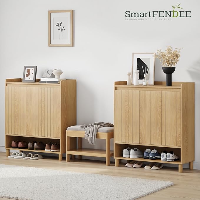 Shoe Cabinet for with Line Grooved Doors, 5-Tier Wooden Shoe Organizer Cabinet for Entryway, Hallway, Closet, Living Room, Natural Oak