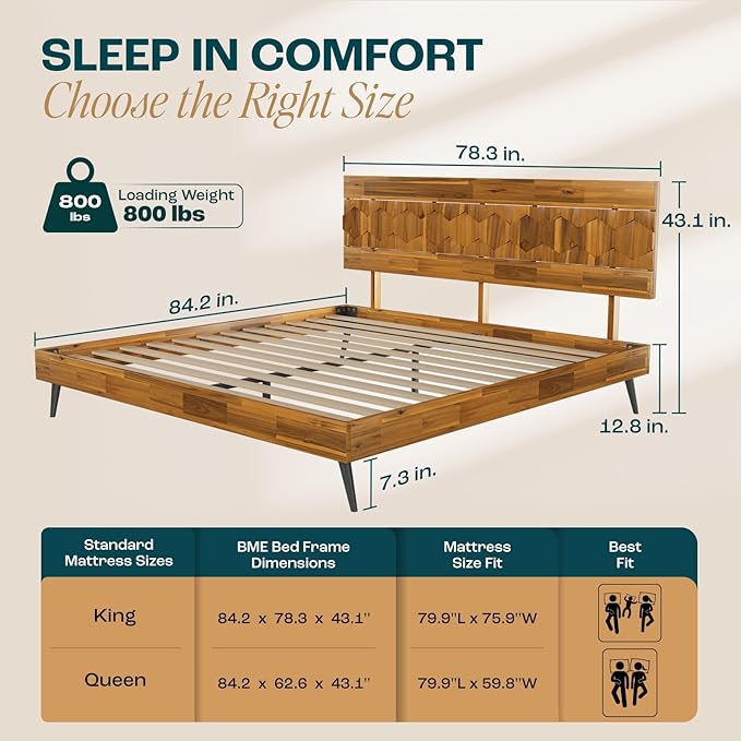 Bme Georgina Signature Bed Frame with Handcrafted Geometric Headboard, Mid Century Modern, Solid Acacia Wood, No Box Spring Needed, 12 Strong Wood Slats Support, Easy Assembly, Teak Brown, King