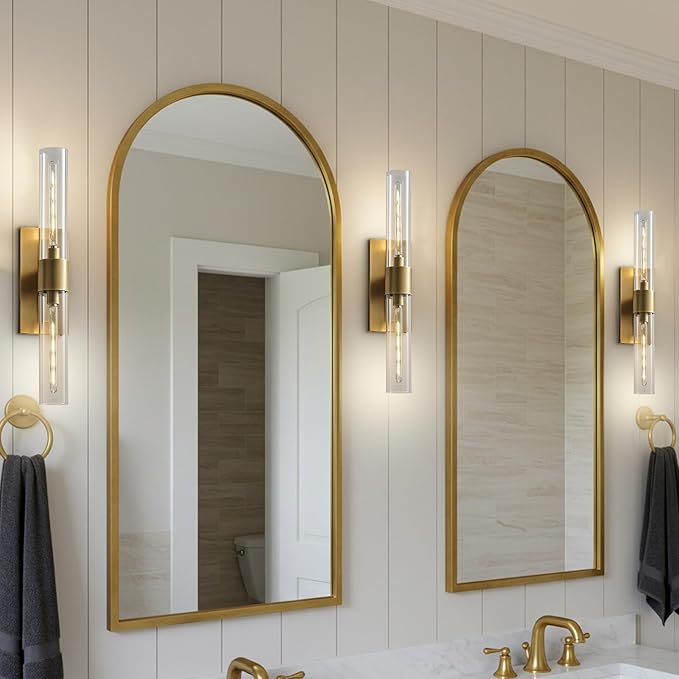 Brass Wall Sconce Light, 2-Light Bathroom Vanity Light Over Mirror, 22.8" Gold Dimmable Indoor Wall Sconce with Glass Tube, Horizontal or Vertical Linear Wall Lighting for Living Room