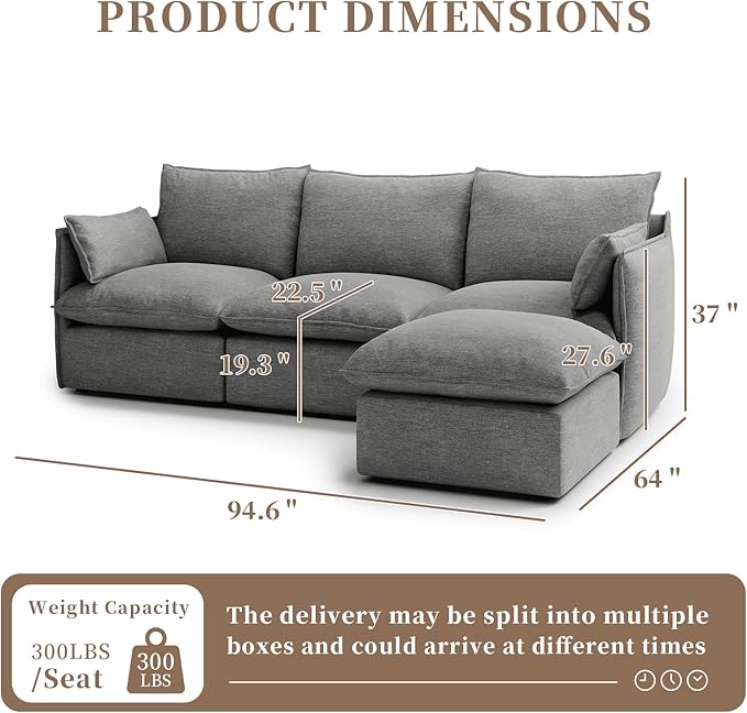Waterproof Cloud Sectional Couches,High Backrest Down Filled Sofa for Living Room,94.5" Modular Sofas L-Shaped with Ottoman,Detachable Couch Covers,Dark Grey