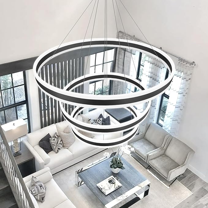 Modern Chandelier for Dining Room 3-Rings D31.5'' LED Dimmable Pendant Lighting High Ceiling Chandelier for Living Room Foyer Bedroom Entryway 3000K-6000K