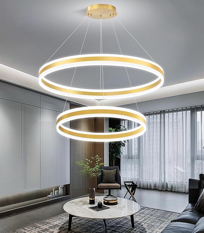 D23.6''+31.5'' Modern Ring Chandelier for Dining Room LED Dimmable Pendant Lighting High Ceiling Chandelier for Living Room Foyer Bedroom Entryway 3000K-6000K Gold