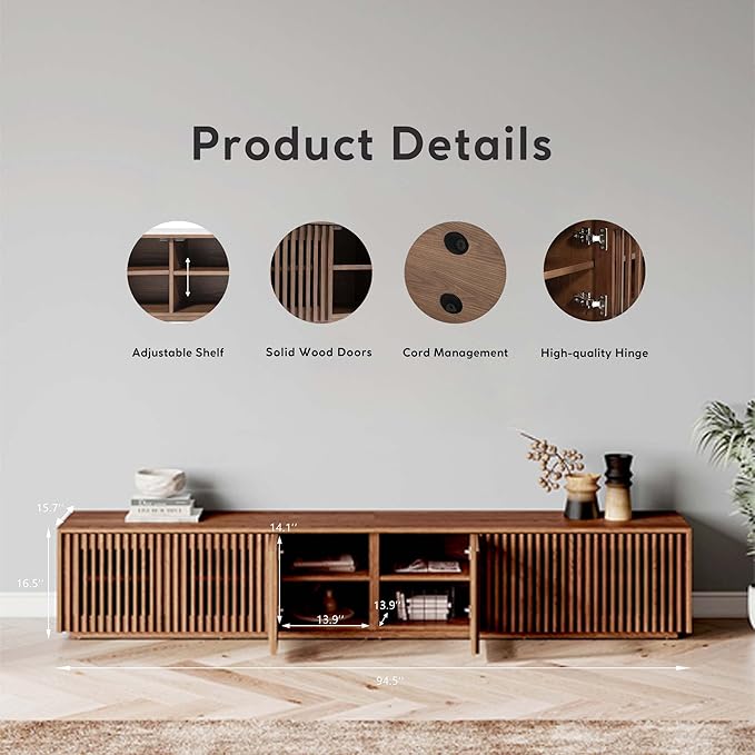 POVISON Full Assembled Mid Century Modern TV Stand, Wood Slatted Media Console for 75+ inch TV, Entertainment Center with Storage for Living Room, Low Cabinet with Removable Shelves