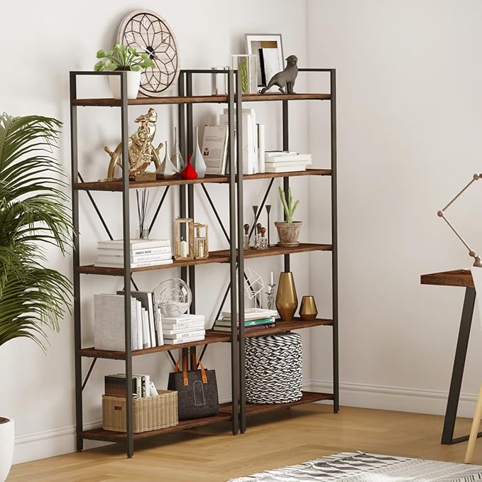 BON AUGURE Industrial Bookshelf, Etagere Bookcases and Book Shelves 5 Tier, Rustic Wood and Metal Shelving Unit (Rustic Oak)