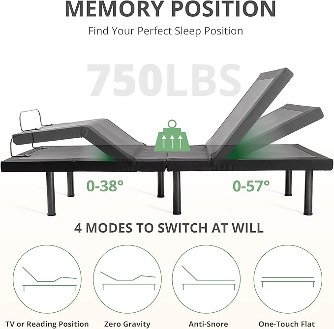 Queen Size Adjustable Bed Base Frame and 12 inch Green Tea Memory Foam Mattress, Electric Bed Base Wireless Remote, Zero Gravity Bed, Head and Foot Incline, Anti-Snore,Easy Assembly