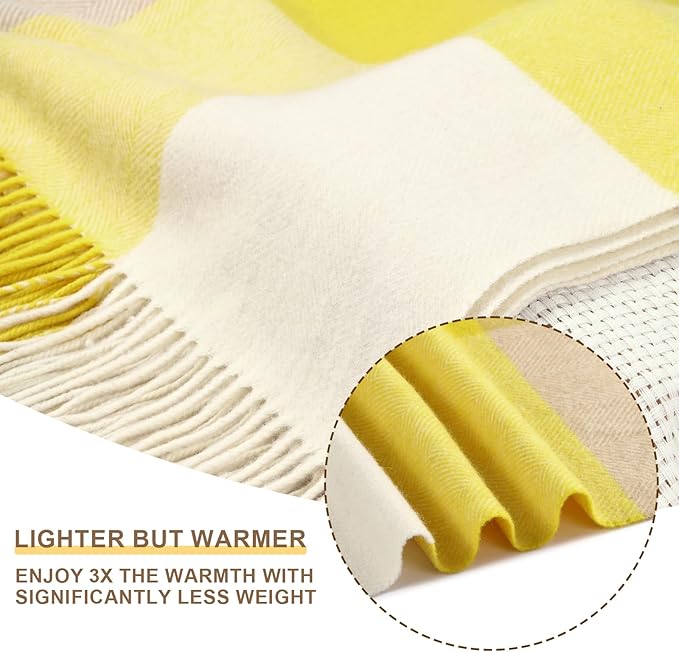 Yellow Gingham Throw Blanket for Couch,100% Wool Throw Blanket for Home Decor, Soft Lightweight Cozy All Season Decorative Vintage Blankets for Travel,Bed, Sofa, Chair, Outdoor 55'' x 83''/2LBS