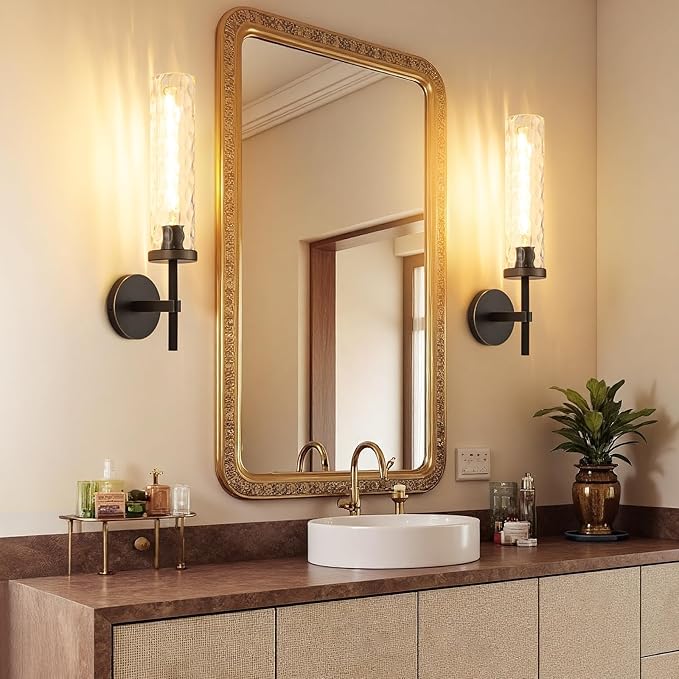 19.5" Knurled Brass Wall Sconces Set of 2, Black Gold Bathroom Vanity Light Fixtures with Water Ripples Glass Tube, Modern Lamp Lighting for Bedroom, Living Room, Hallway, Staircase, Mirror, Kitchen