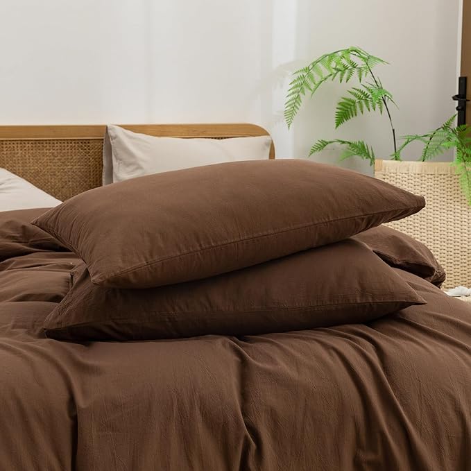 BESTOUCH Duvet Cover Set 100% Washed Cotton Linen Feel Super Soft Comfortable Chic Lightweight 3 PCs Home Bedding Set Solid Cocoa Brown Oversized Queen