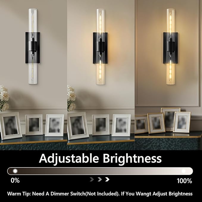 Black Bathroom Wall Sconces, 22.8" Bathroom Vanity Light with Tube Glass, Horizontal or Vertical Linear Wall Sconces,Black Vanity Light, Indoor Wall Sconce for Living Room, Bedroom, Hallway