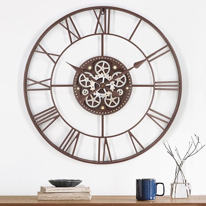 29 Inch Large Wall Clocks for Living Room Decor with Moving Gears,Large Wall Clock Industrial Steampunk,Oversized Metal Analog Wall Clocks for Farmhouse Home Battery Operated