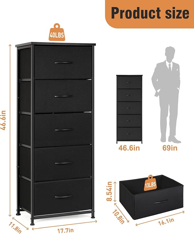 Dresser for Bedroom, Fabric Tall Dresser & Chests of Drawers with 5 Drawers, Vertical Organizer Storage Tower Unit for Bedroom, Hallway, Entryway White