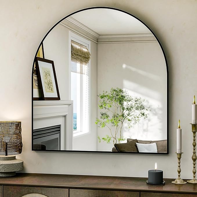 Arched Bathroom Mirror, 32x34 Inch - Wall Mounted Vanity Mirror with Aluminum Alloy Frame - Ideal for Living Room, Bedroom, Bathroom, and Entryway, Hanging or Leaning, Black