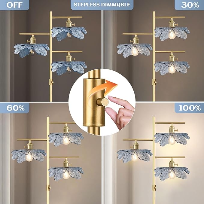 Gold Dimmable floor lamp tall lamp for living room corner ,vintage retro floor lamp Brass Tree Lamp Blue Glass Shade ,Standing Lamps mid century modern floor light for Bedroom corner Study Office