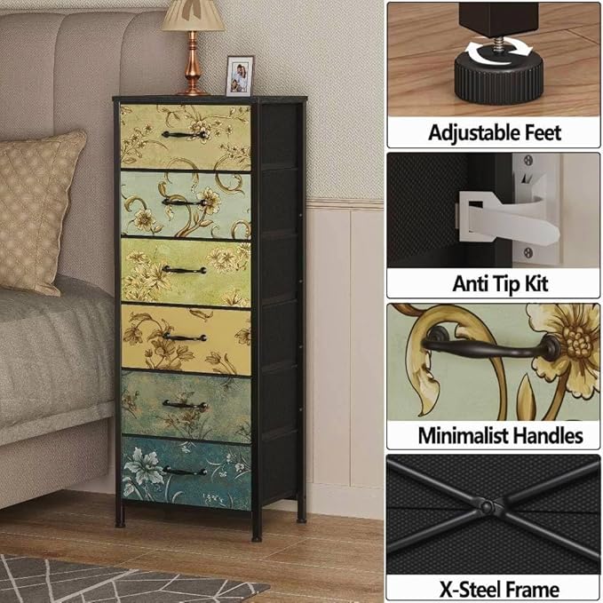 Furnulem Tall 6 Drawers Dresser, Vintage Storage Organizer Unit with Fabric Bins for Bedroom, Living Room, Closet, Nusery, Dorm, Entryway, Bedside Furniture, Sturdy Metal Frame, Wood Top