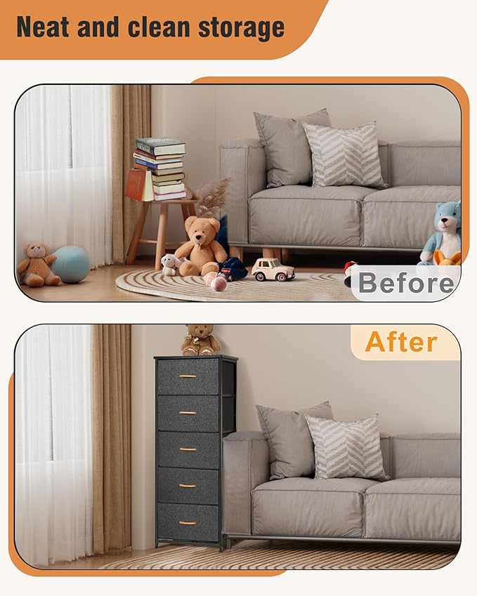 Dresser for Bedroom, Fabric Tall Dresser & Chests of Drawers with 5 Drawers, Vertical Organizer Storage Tower Unit for Bedroom, Hallway Grey