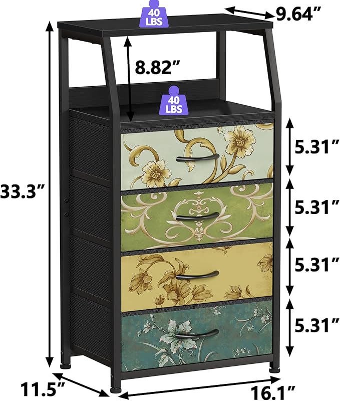 Furnulem Retro Dresser for Bedroom, Small Dresser for Closet, Vintage Nightstand with 4 Drawers, Fabric Storage Organizer Bedside Table Side Furniture, Metal Frame, Wood Top