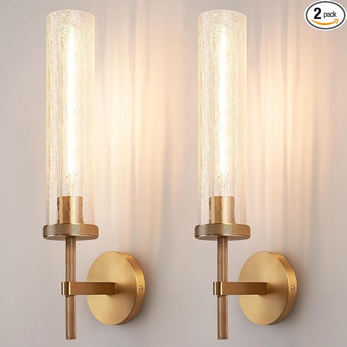19.5" Knurled Brass Wall Sconces Set of 2, Gold Bathroom Vanity Light Fixtures with Crackle Glass Tube, Modern Lamp Lighting for Bedroom, Living Room, Hallway, Staircase, Mirror, Kitchen