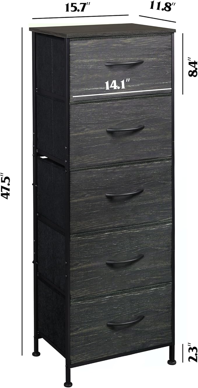 WLIVE Fabric Dresser, 5-Drawer Tall Dresser for Bedroom, Storage Dresser Organizer with Fabric Bins, Wood Top, Sturdy Steel Frame, Chest of Drawers for Closet, Hallway, Charcoal Black Wood Grain Print