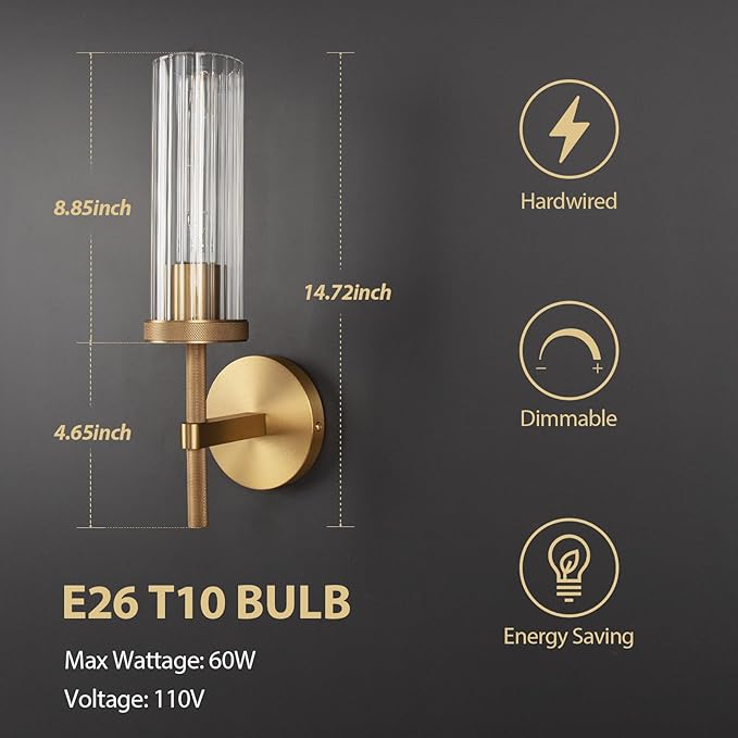 15" Knurled Brass Wall Sconces Set of 2, Gold Bathroom Vanity Light Fixtures with Vertical Striped Glass Tube, Modern Lamp Lighting for Bedroom, Living Room, Hallway, Staircase, Mirror, Kitchen