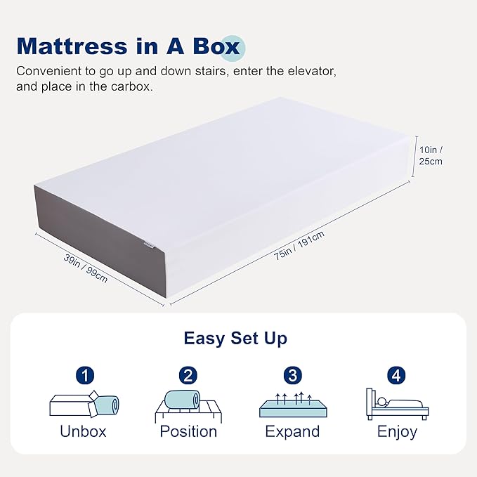 Amazon Basics Memory Foam Mattress, Medium Firm, 10 Inch, Twin, White/Grey