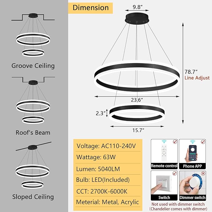 D15.7''+23.6'' Modern Ring Chandelier for Dining Room LED Dimmable Pendant Lighting Chandelier for Living Room Foyer Bedroom Entryway 3000K-6000K Black
