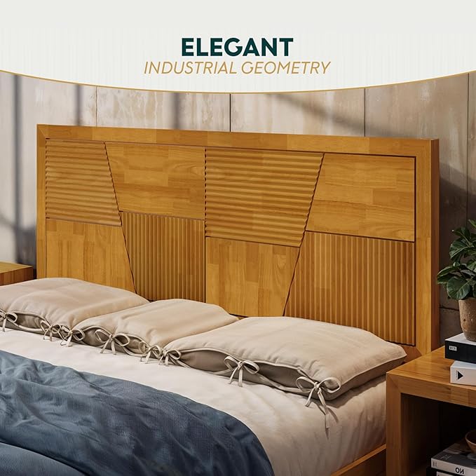 Bme Trapeze Queen Bed Frame – Modern Solid Wood Bed with Smooth Pattern Headboard, Black Metal Legs, Teak Brown Finish – Durable Queen Size Platform Bed for Contemporary Bedrooms