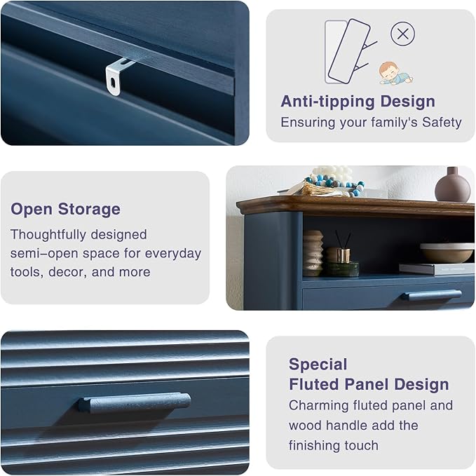 Okvnbjk Fluted Narrow Shoe Cabinet with 4 Flip Drawers, Hidden Shoe Storage Cabinet with Open Storage & Curved Profile Design, Wood Shoes Rack for Entryway, Hallway, Navy Blue