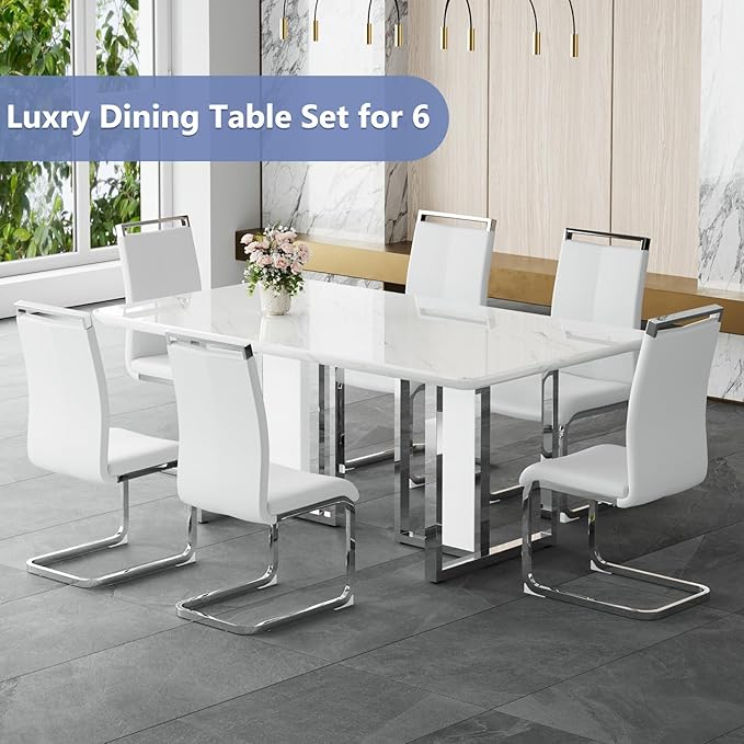 JUFU Dining Table Set for 6, 67'' Table and Chairs Set of 6 with Faux Marble Tabletop and Sturdy Leg, White Rectangle Dining Room Table Set for 6 with PU Chairs, Perfect for Dining Room and Kitchen