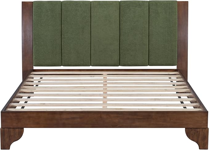Merax Pine Wood Queen Bed Frame with Headboard, Mid Century Modern Solid Wood Platform Bed Frame Queen Size, No Box Spring Needed, Green+Natural