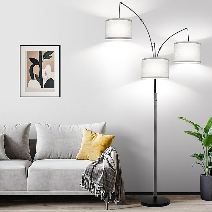 Dimmable Floor Lamp, 3 Lights Arc Floor Lamps for Living Room, Modern Tall Standing Tree Lamp with Gray Linen Shade & Heavy Base, Large Floor Lamp for Bedroom Office, 3x1000 LM LED Bulbs Included