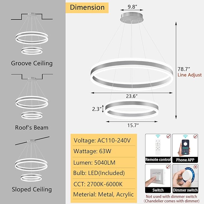 D15.7''+23.6'' Modern Ring Chandelier for Dining Room LED Dimmable Pendant Lighting Chandelier for Living Room Foyer Bedroom Entryway 3000K-6000K Silver