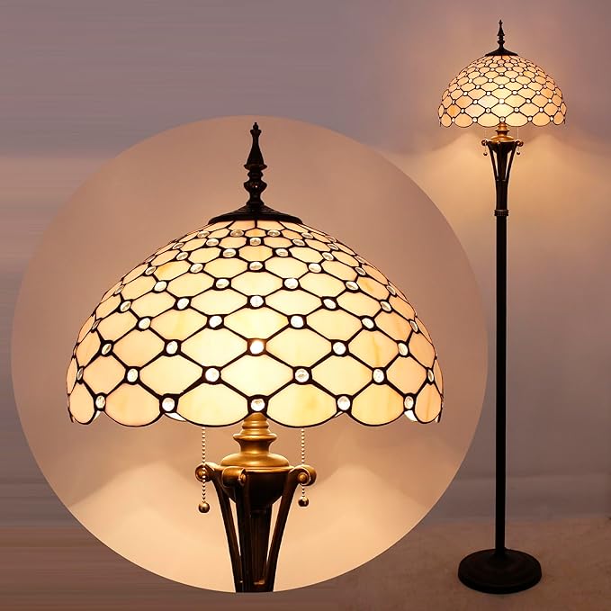 Tiffany Floor Lamp Cream Amber Bead Stained Glass Standing Reading Light 16X16X70 Inches Antique Pole Corner Lamp Decor Bedroom Office Living Room