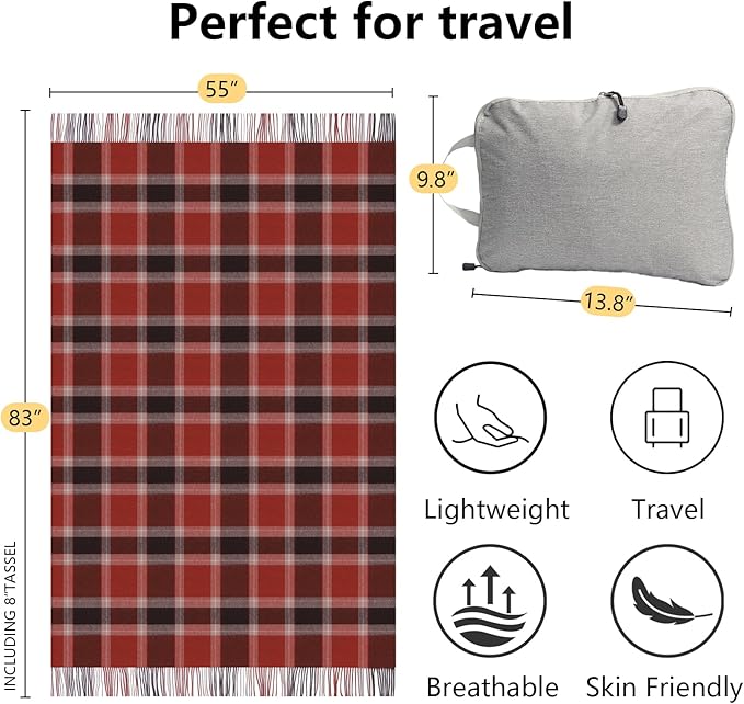 Buffalo Plaid Throw Blanket for Couch,100% Wool Throw Blanket for Home Decor, Soft Lightweight Cozy All Season Decorative Vintage Blankets for Travel,Bed, Sofa, Chair, Outdoor 55"x83"/1.5LBS