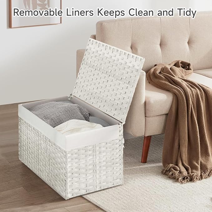 180L Wicker Storage Basket with Lid, Handwoven Rattan Large Shelf Basket with Removable Liner, 47.6 Gallon Wicker Basket for Blanket, Storage Trunk with Handle for Closet, Bedroom, Livingroom, White