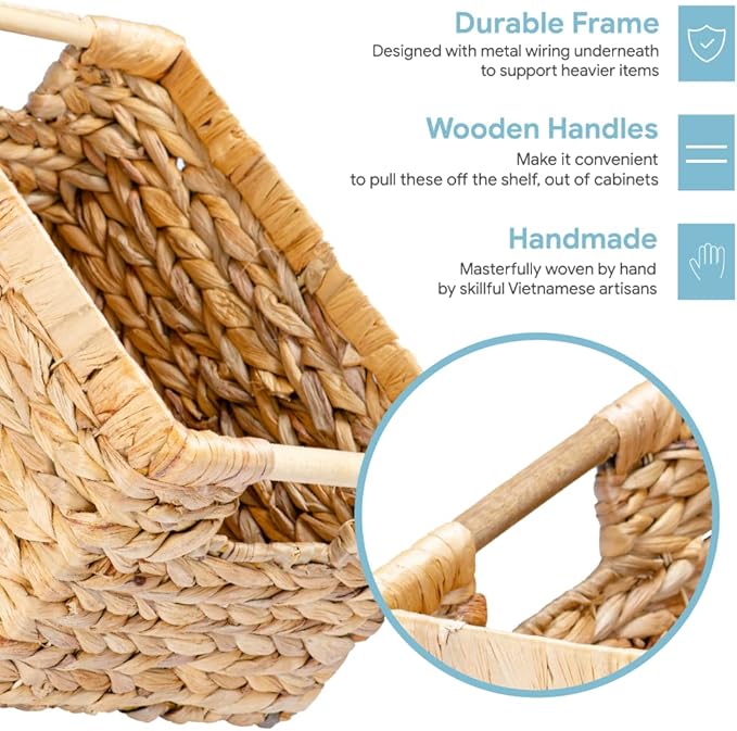Natural Water Hyacinth storage basket with Handle, Rectangular Organizing Basket for Organizing, Decorative Wicker Storage Bins for Living Room, Medium Wicker Baskets - 3 Pack Medium